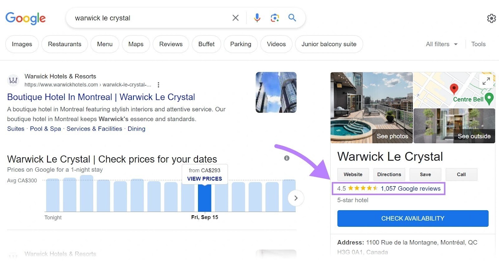 ratings and reviews shown for "Warwick Le Crystal" in Google SERP