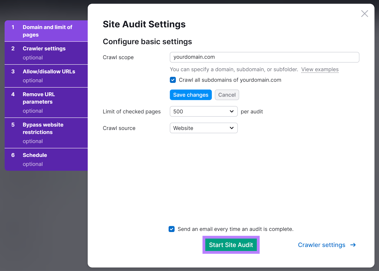 Site Audit settings configuration popup with Start Site Audit button highlighted.