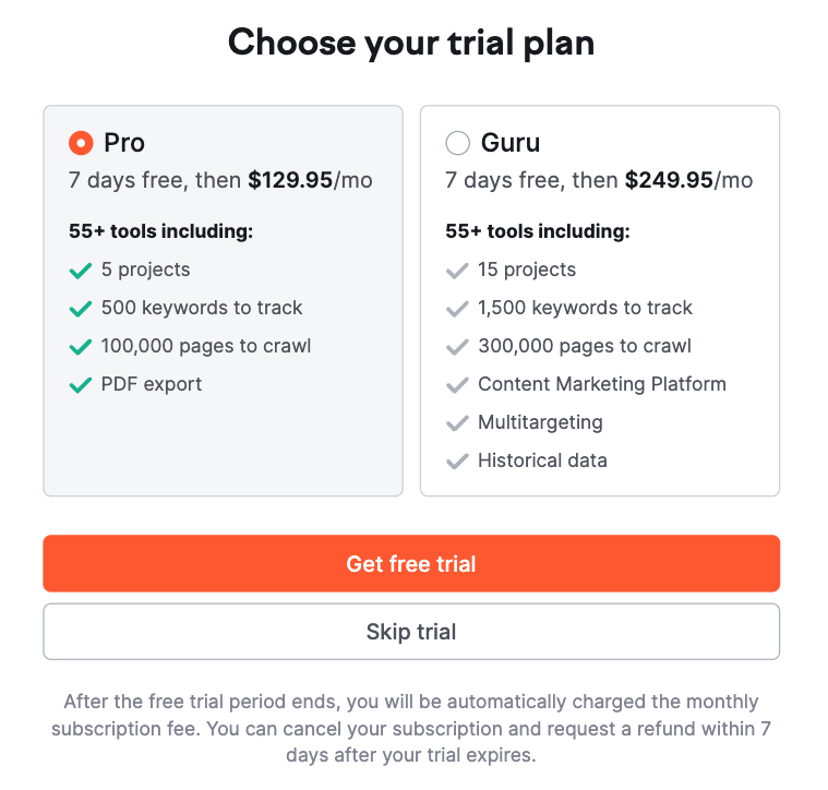 semrush free trial options, showing pro and guru pricing