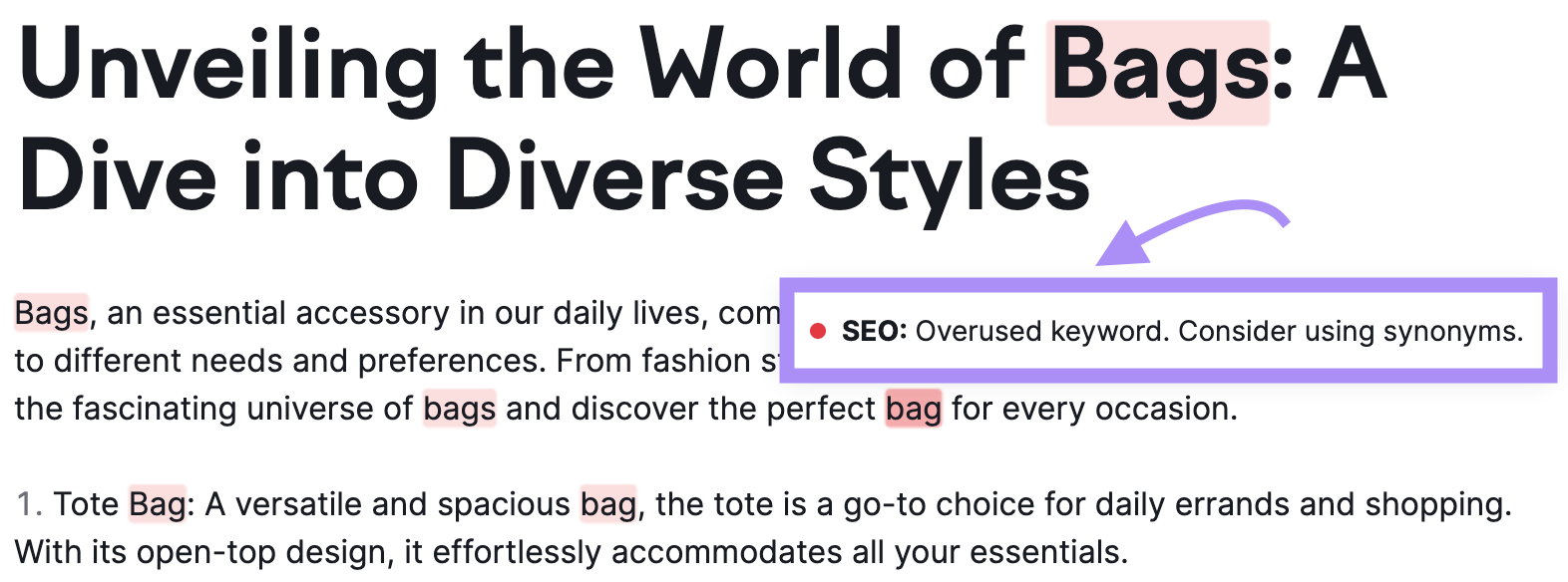 "bag" highlighted as an overused keyword in the content