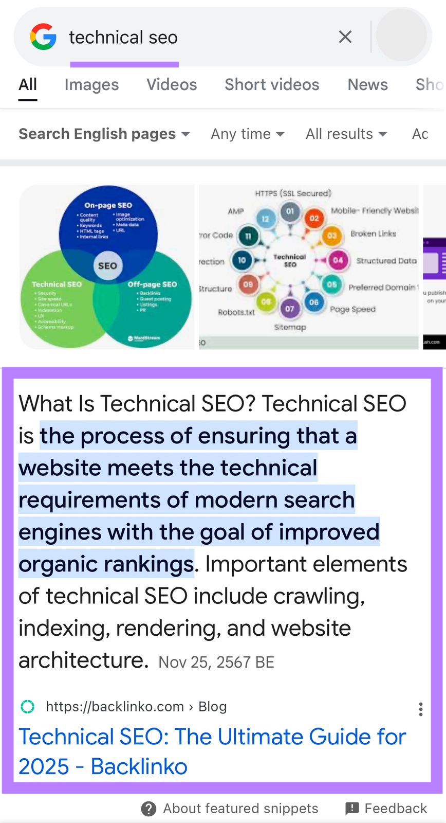 What They Are & How to Earn Them 3 Google SERP for the term "technical seo" on a mobile device with the featured snippet highlighted.