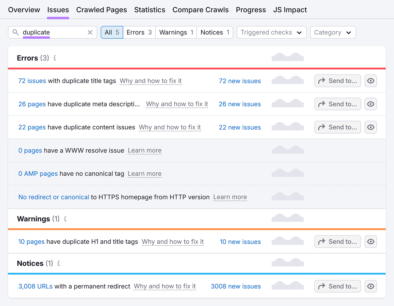 Issues tab, with “Issues” highlighted, “duplicate” typed and highlighted, and the list of issues visible