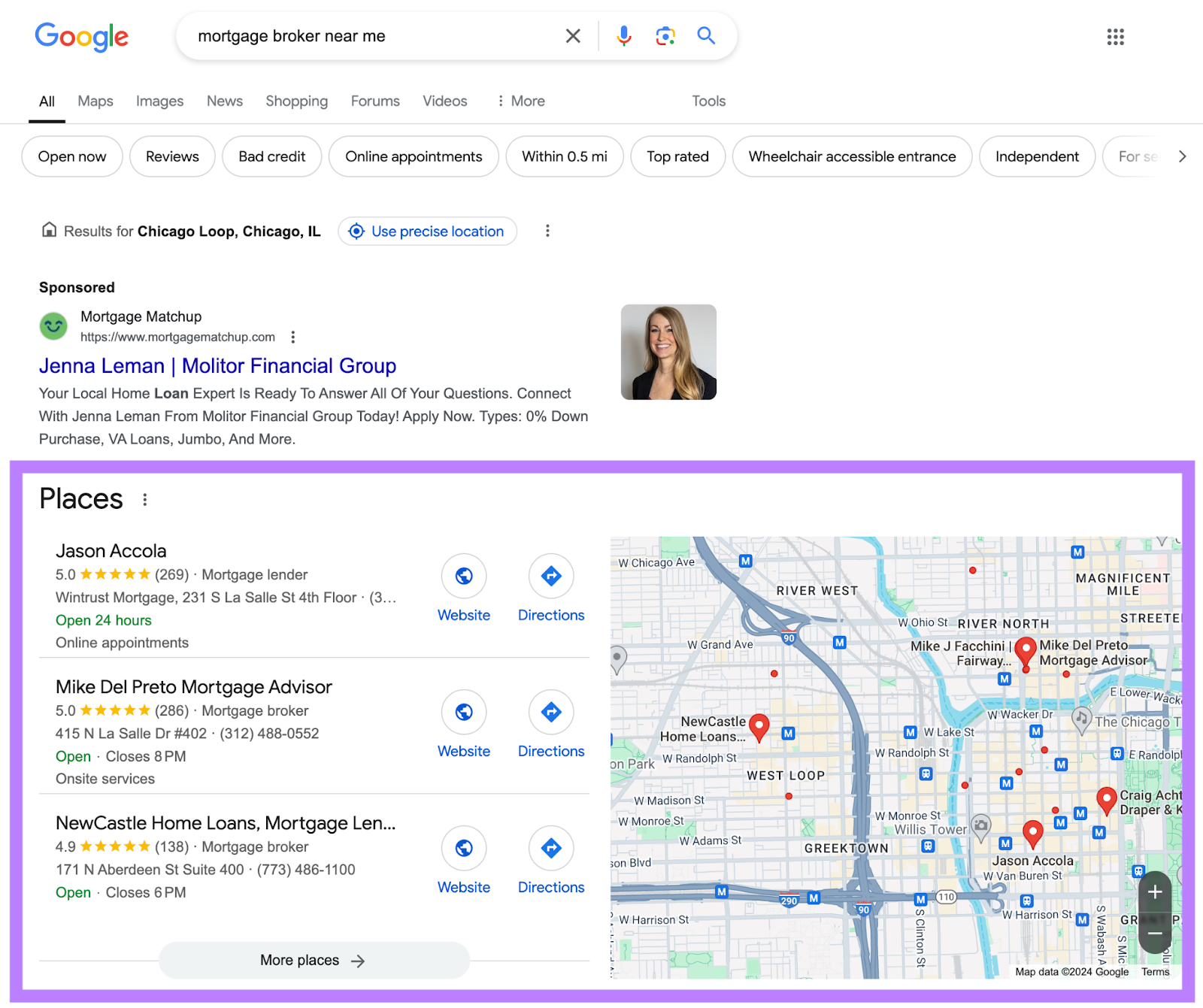 In a search for "mortgage broker near me," a list of local places appears next to Google maps, and below local sponsored ads