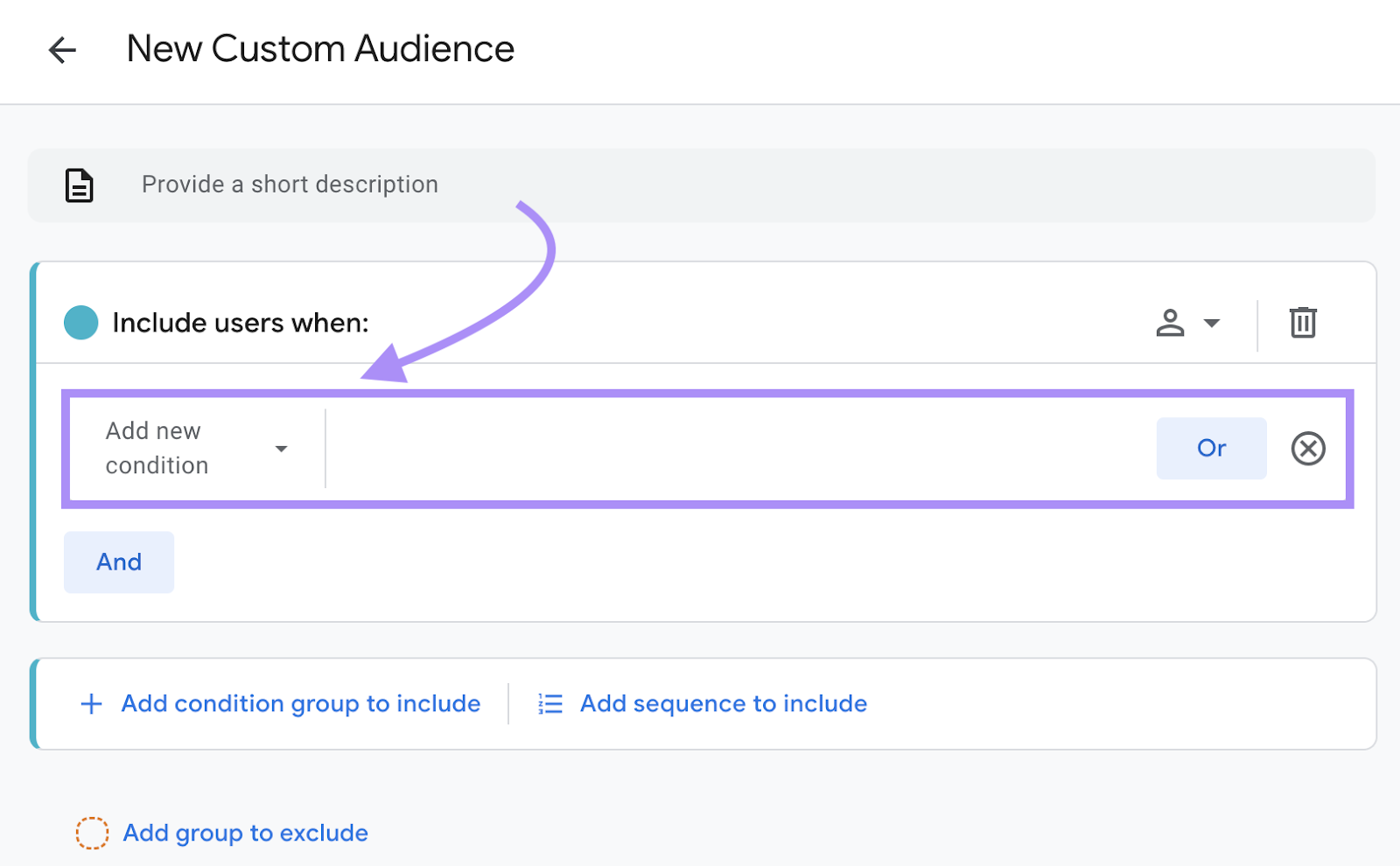 “Add new condition” highlighted under "New Custom Audience" window