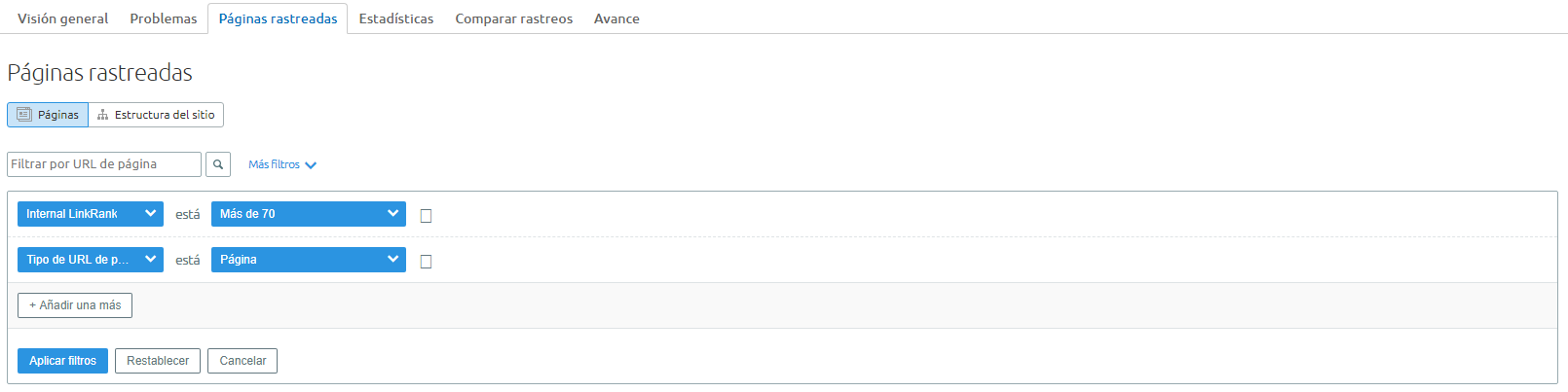 Enlaces internos filtros de páginas rastreadas con Site Audit