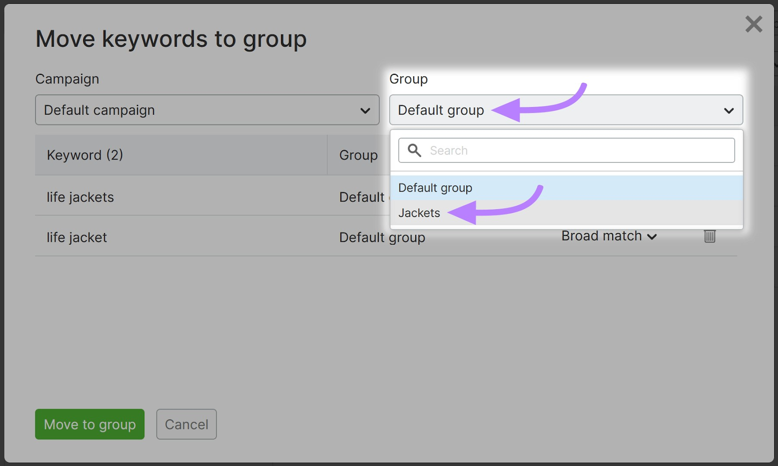 'Jackets' highlighted successful  'Group' drop-down paper   successful  the 'Move keywords to group' model   successful  Semrush PPC Keyword Tool