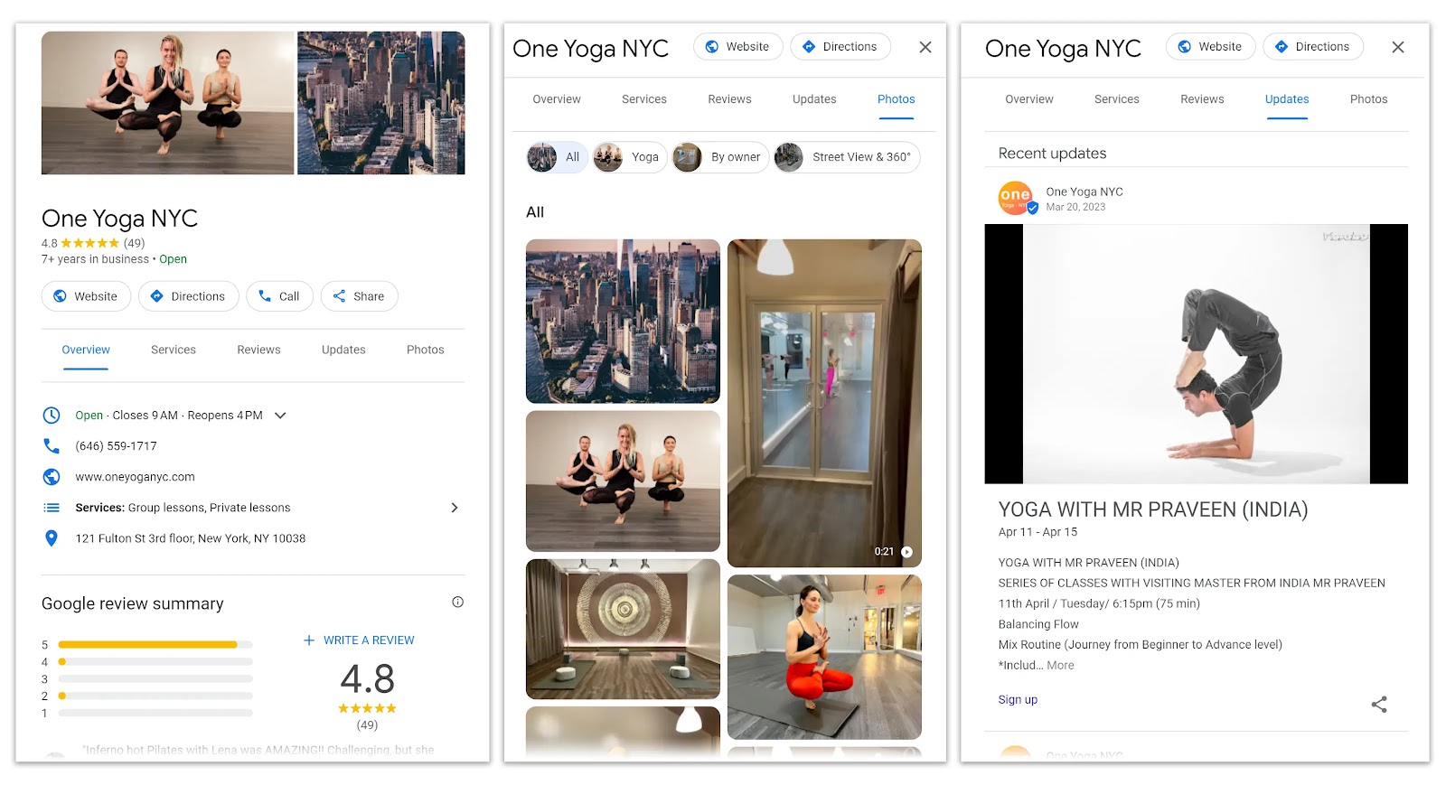 "One Yoga NYC" Google Business Profile page