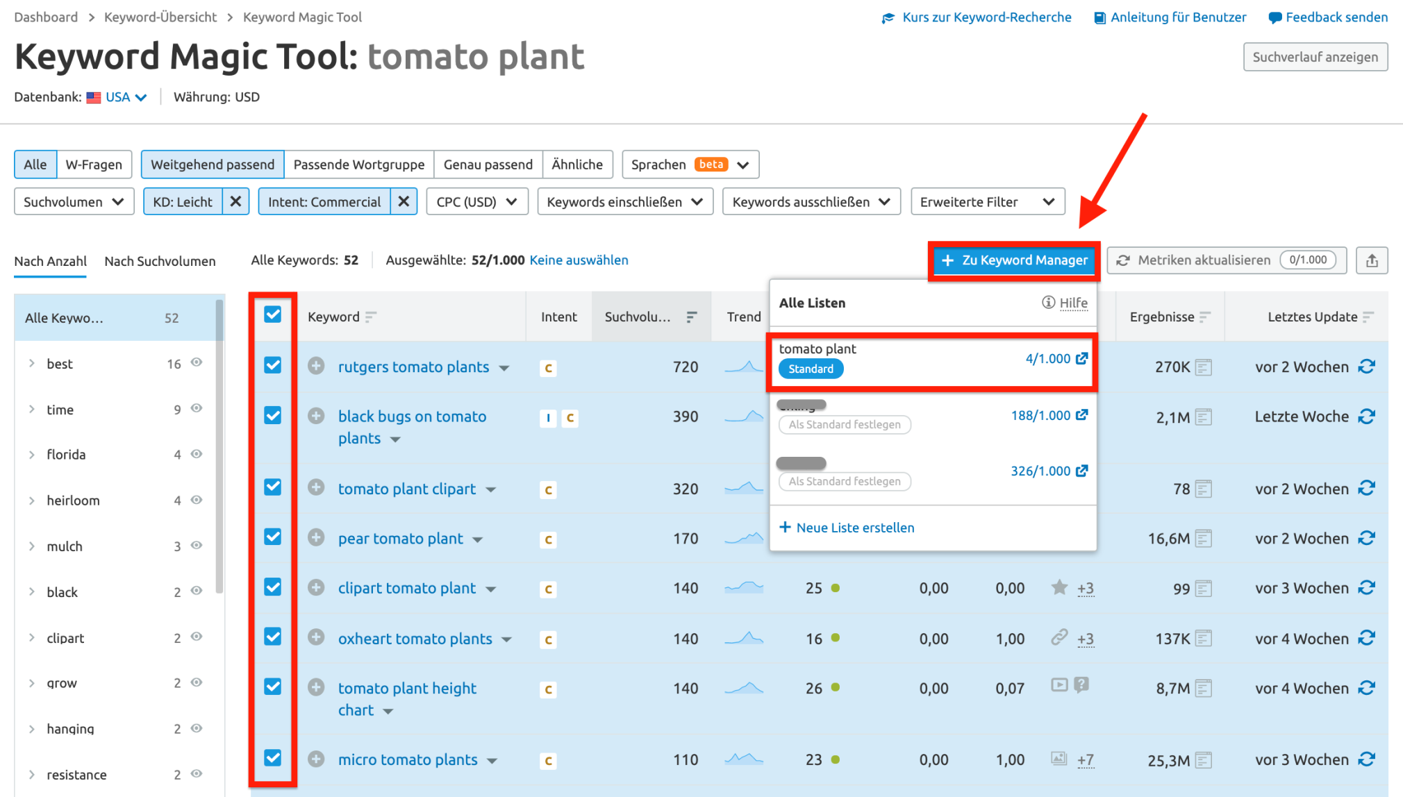 Semrush Export in Keyword Strategy Builder