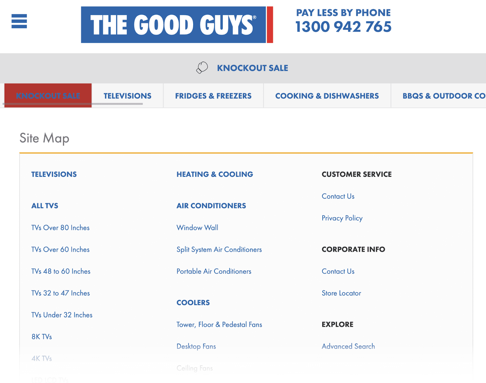 example of an HTML sitemap by "The Good Guys" showing a full list of every page on their site