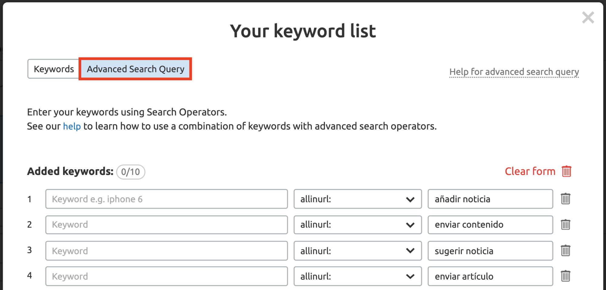 Estrategia de link building - Lista de palabras clave