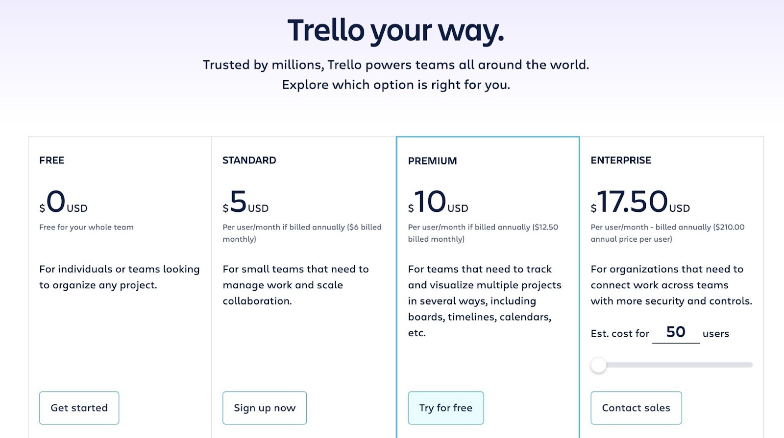 Trello's pricing page showing multiple options including a free plan along with free trials for its paid plans.
