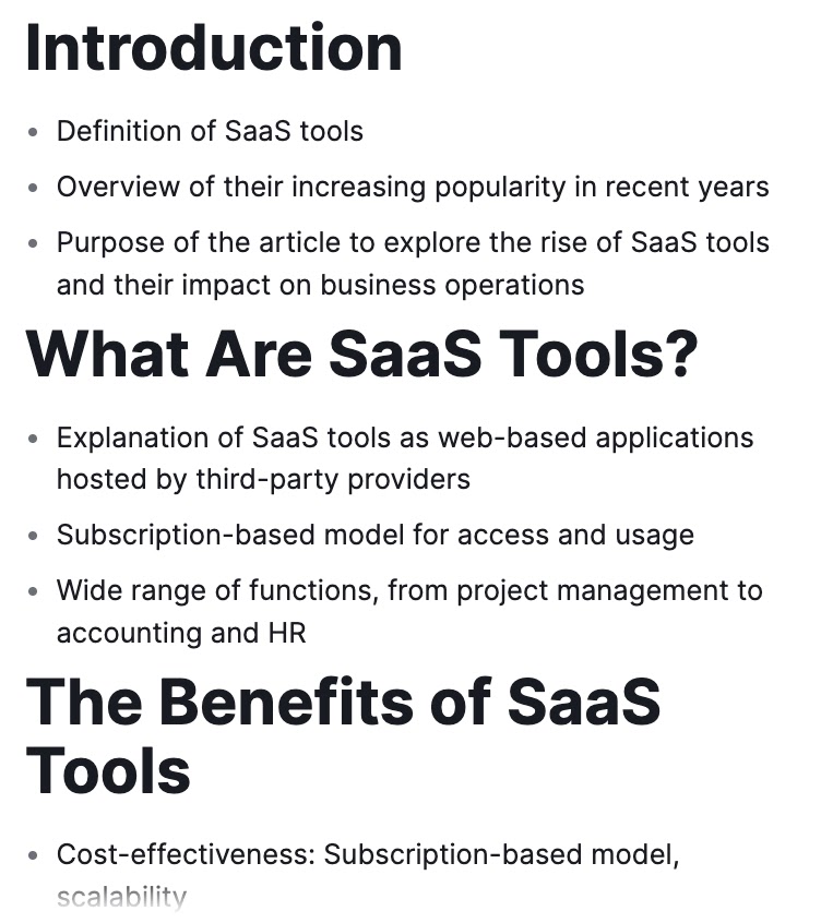 A blog post outline created with ContentShakeAI