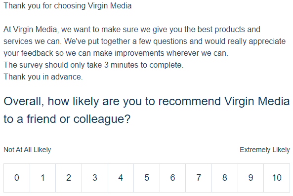 An email by Virgin Media asking for a review