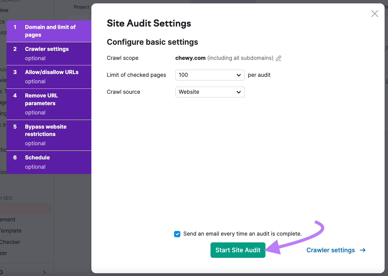 “Fenêtre des paramètres de l'audit du site