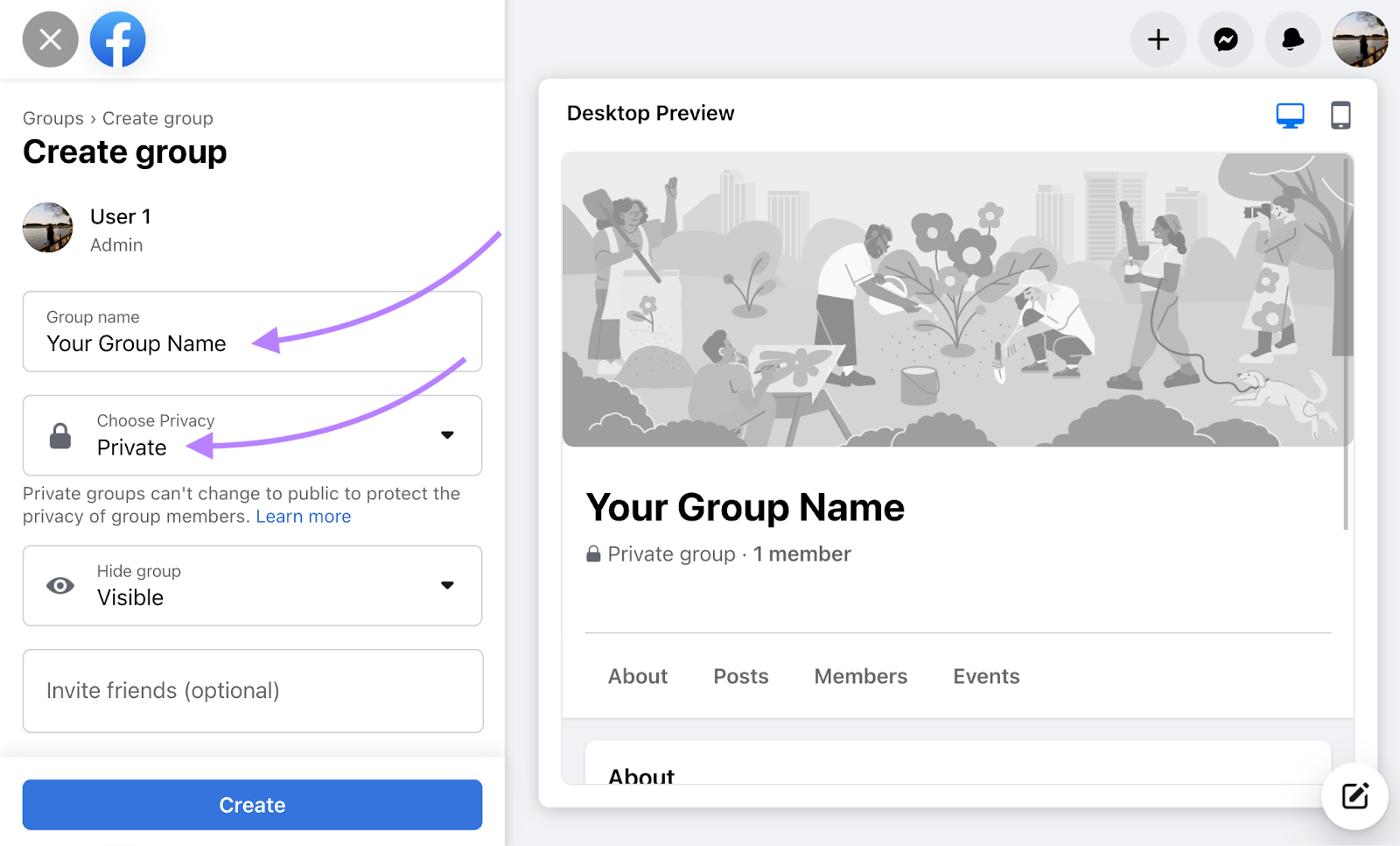 Group name and Choose privacy options