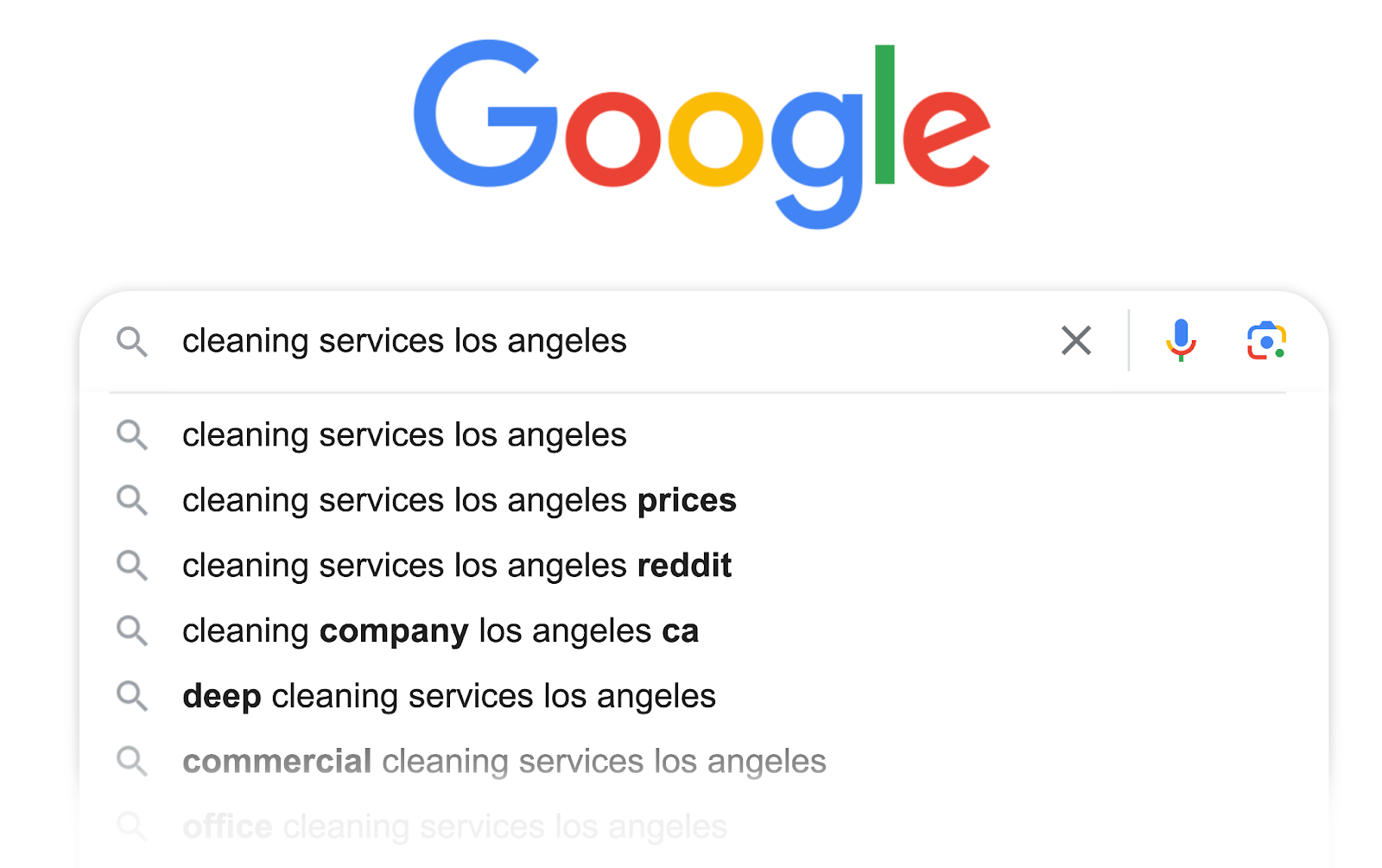 cleaning services los angeles autocompletes with more keywords like prices, reddit, deep cleaning, and more