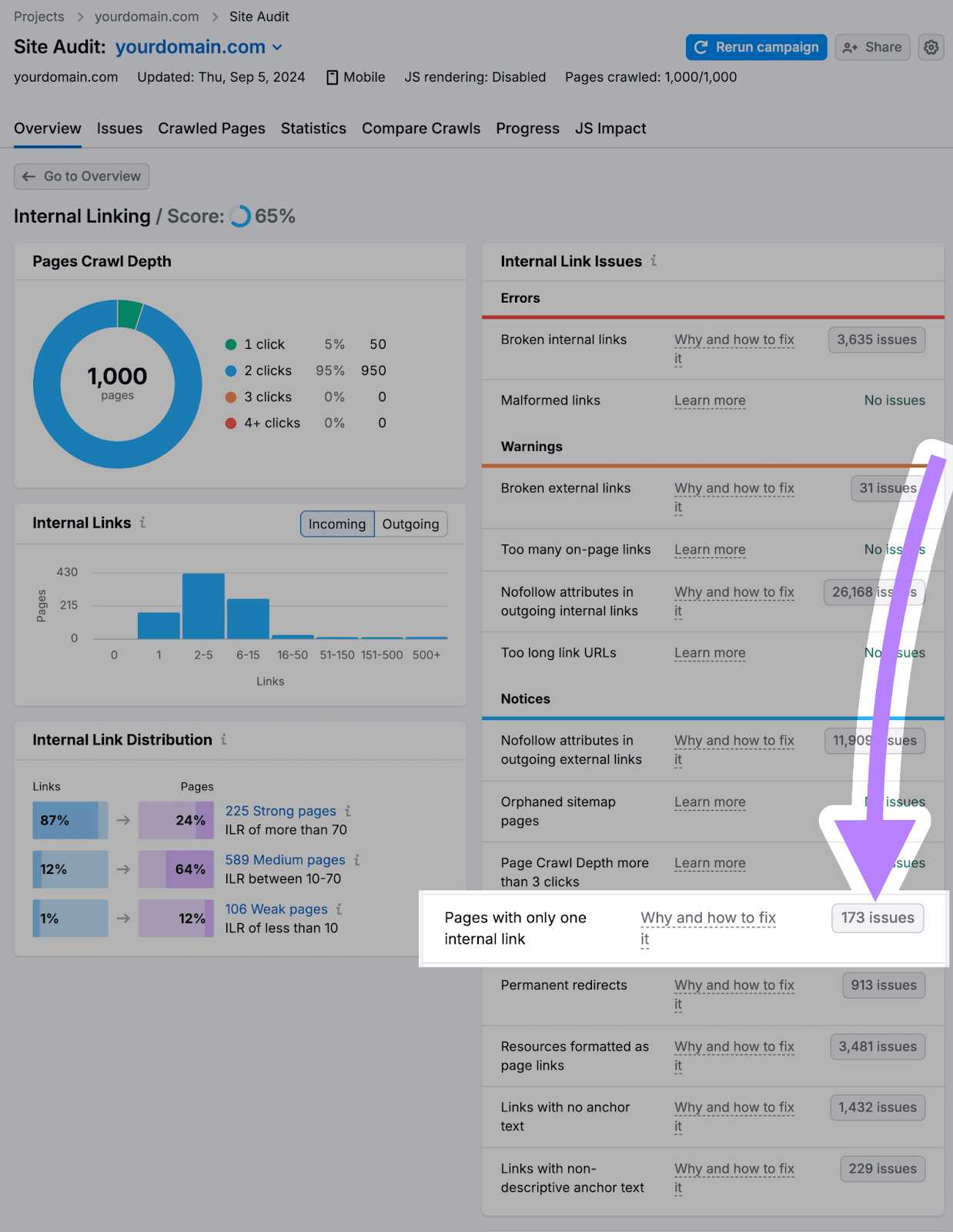 internal linking report with the notice "pages with only one internal link" highlighted