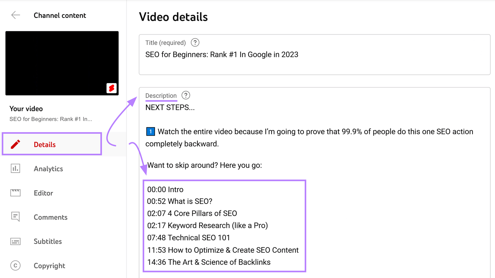 Adding video chapters in the description section of the "Video details" page on Youtube.