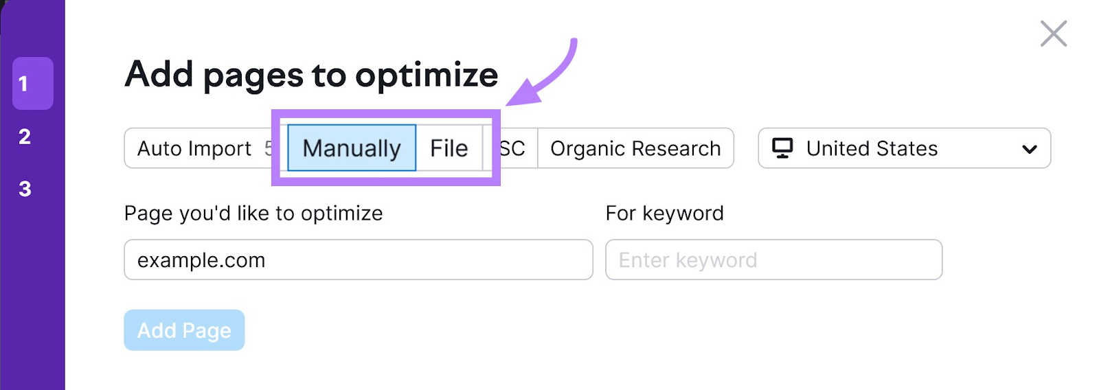 "Add pages to optimize" page with "Manually” or “File” options highlighted with a purple box and arrow.