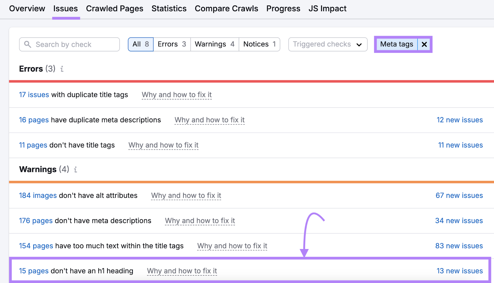 search for meta tag issues in site audit shows h1 tag issues