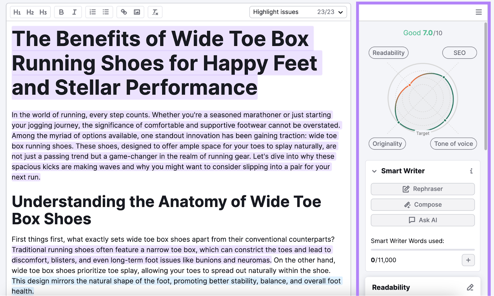seo writing assistant shows score of 7/10 for an article in draft called benefits of wide toe box running shoes