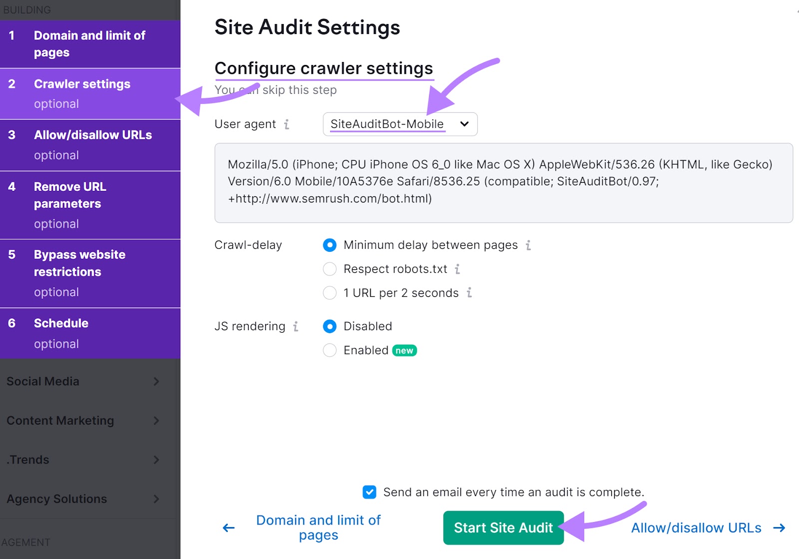 "Configure crawler settings" section of Site Audit Settings