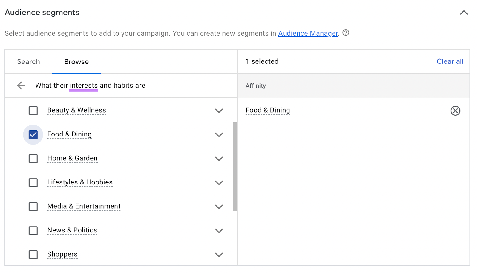 "Audience segments" section in Google Ads lets you target your audience by interest