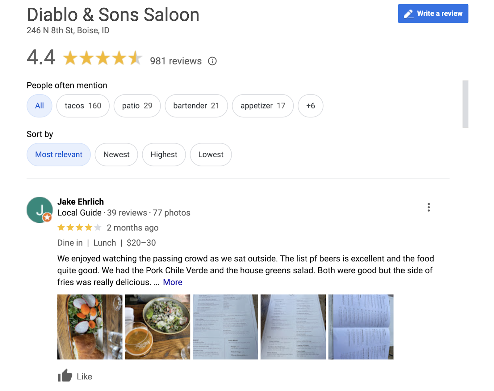 Google review with photos left by a patron gives the restaurant four stars