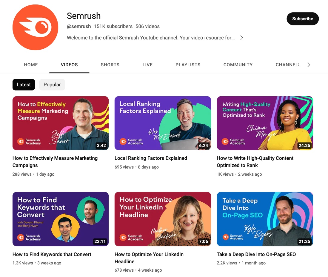 Semrush YouTube channel