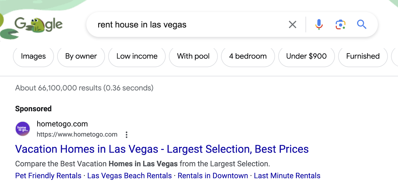 HomeToGo's PPC hunt  advertisement  for "rent location   successful  las vegas" query