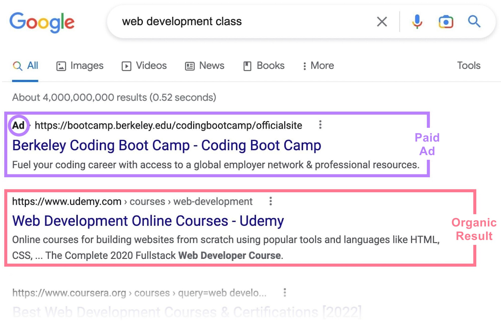 Google results page for "web development class" showing an ad for Barkly Coding Boot Camp