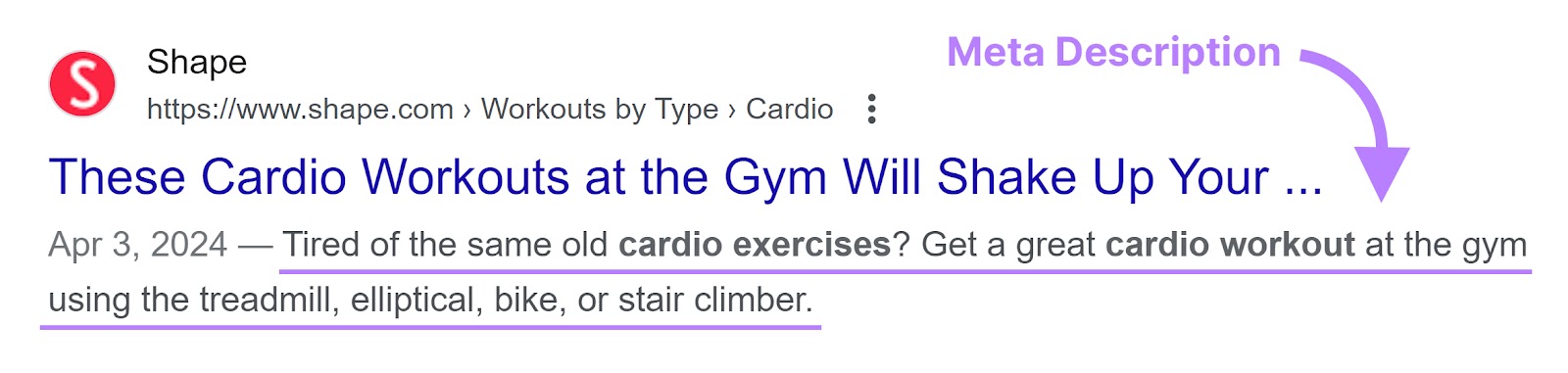"Shape" website meta description of a cardio workout article as shown on Google Search Engine Result Page.