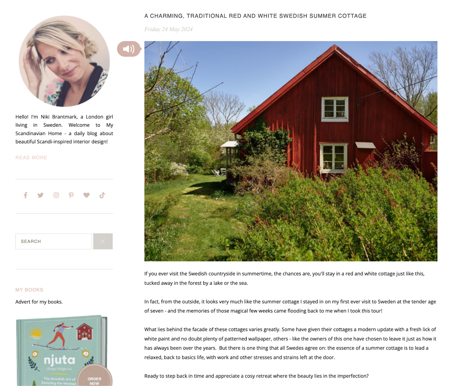 interior design blog niche example focuses on a blog post about a swedish summer cottage