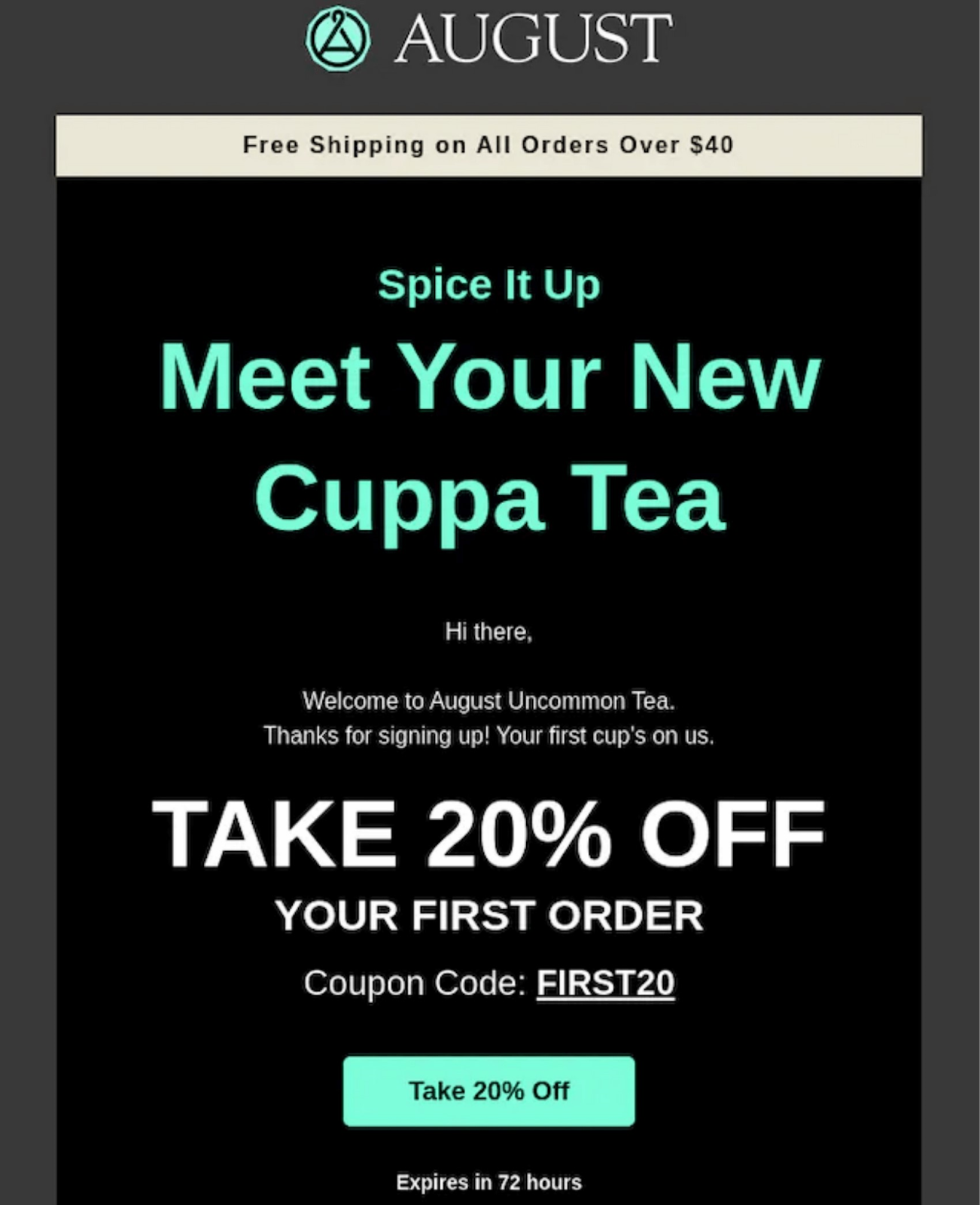 an email offering 20% off by tea ،nd August