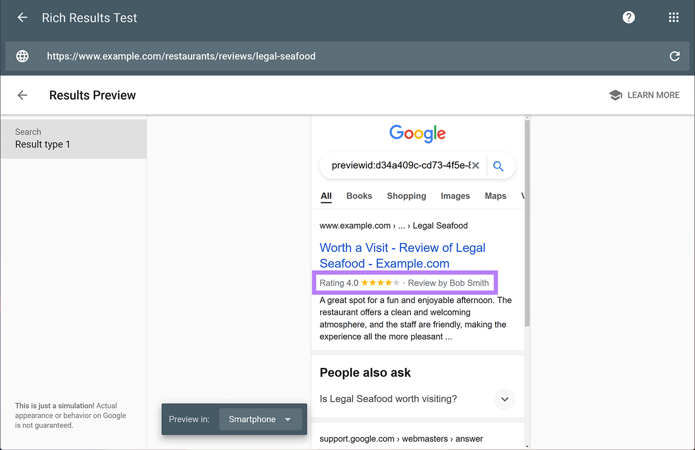 Rich Results Test Results Preview for example seafood restaurant