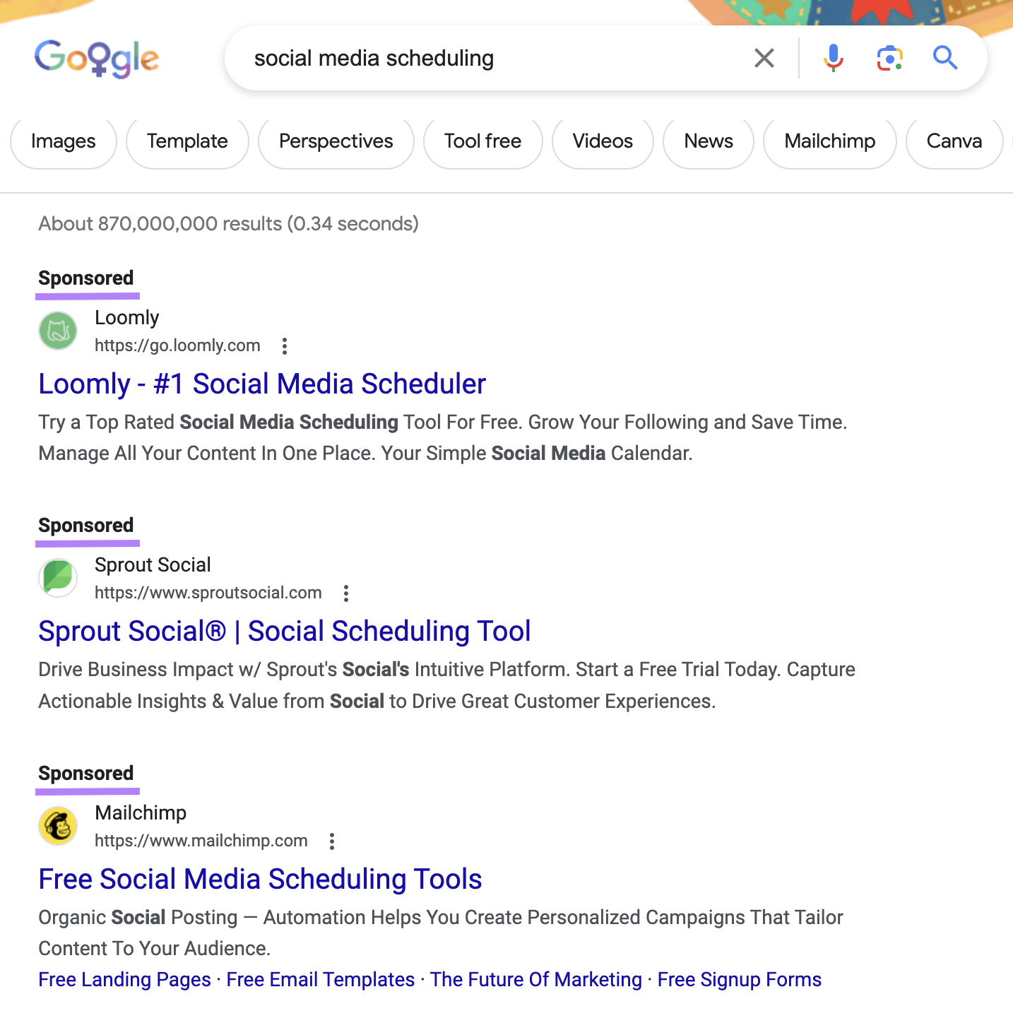 Google's paid results for "social media scheduling" query