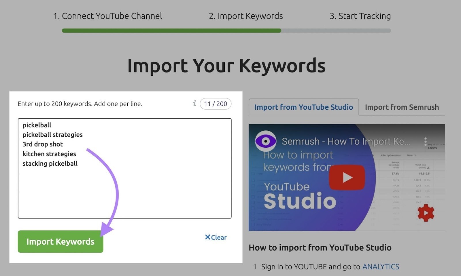 add your target keywords in Rank Tracker for YouTube app