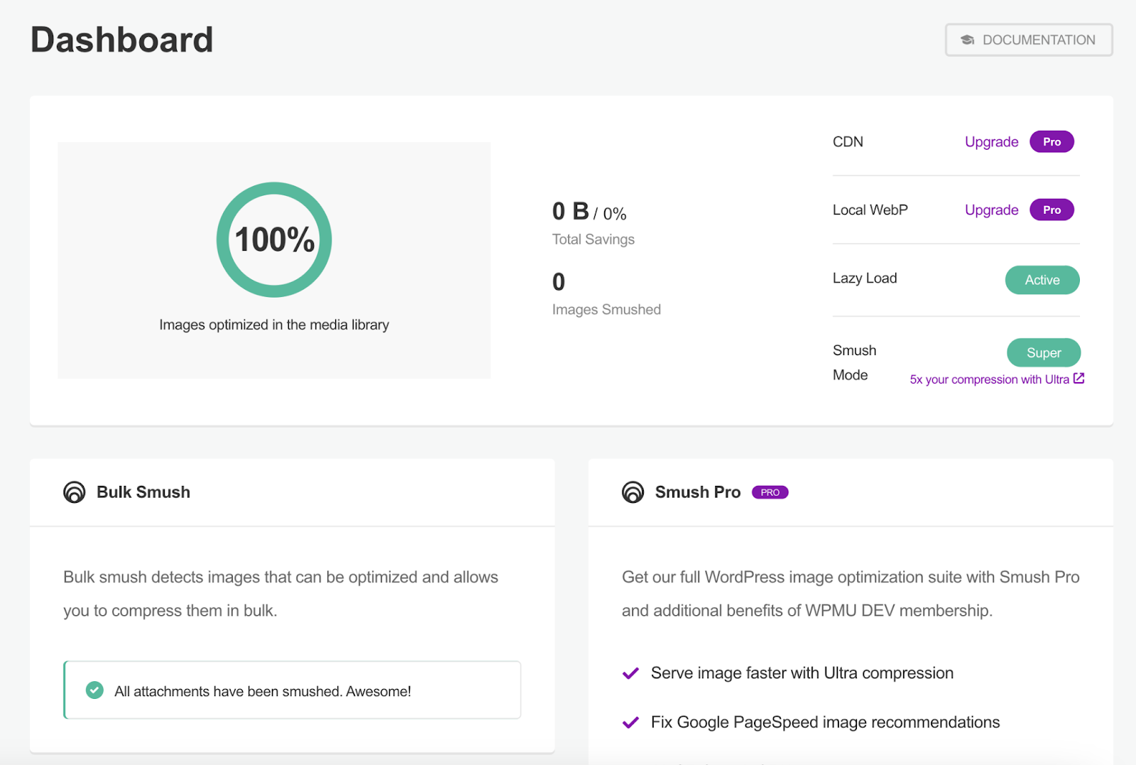 smush plugin dashboard shows how many images optimized in the media library