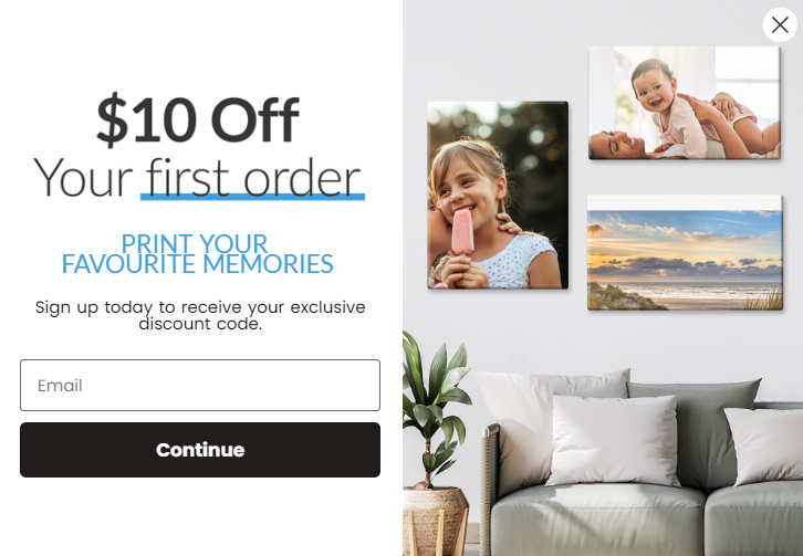 "$10 Off Your first order" ad copy from Canvas Factory