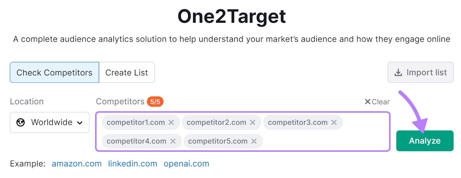 One2Target search bar with competitors entered.
