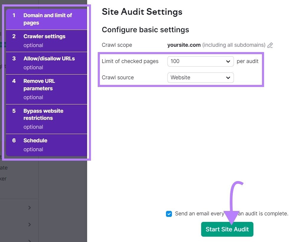 Site Audit Settings page to select crawl scope, source, and limit of checked pages.