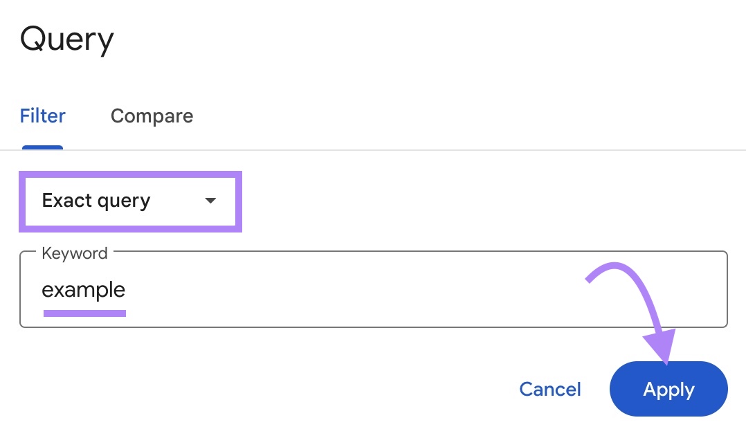 Query model   showing “Exact query” enactment    successful  the drop-down and "example" keyword added