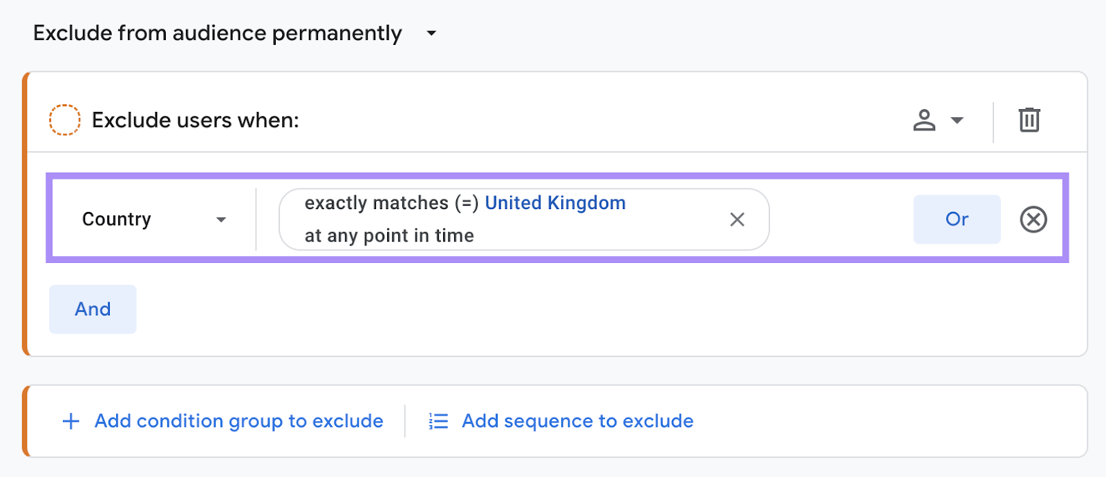 "Country" seto to "United Kingdom" under "Exclude users when:" filter