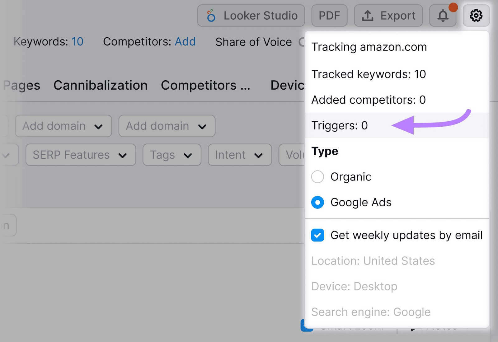 Select "Triggers" to set up alerts in Position Tracking tool