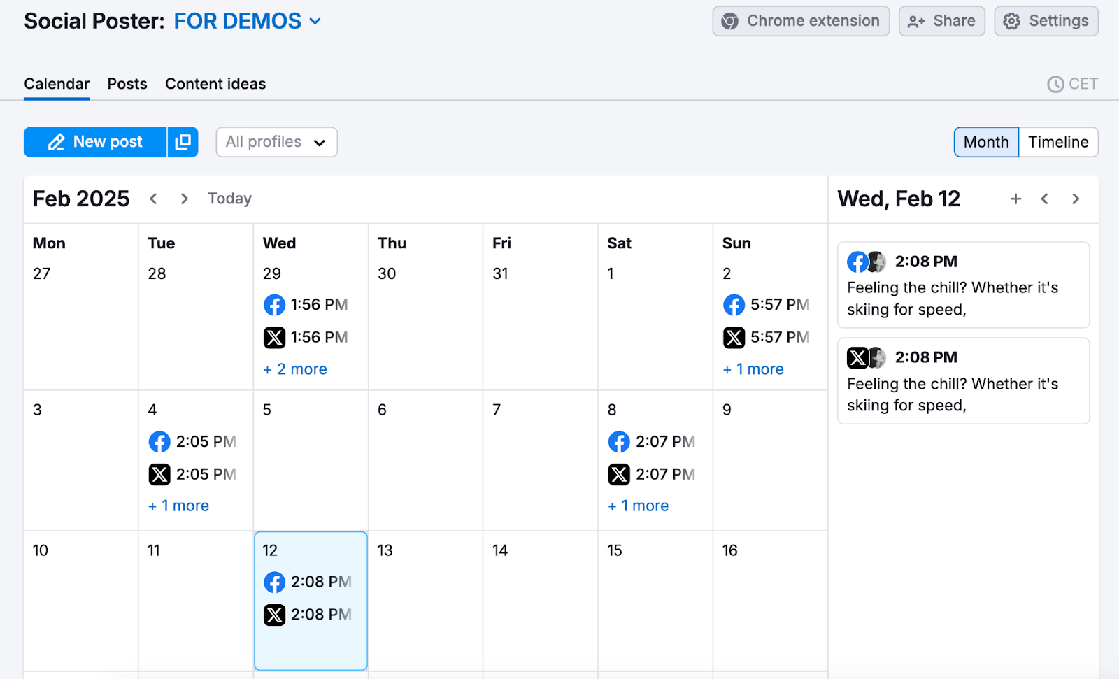 Social Poster tool has a marketing calendar view with drafted social posts.