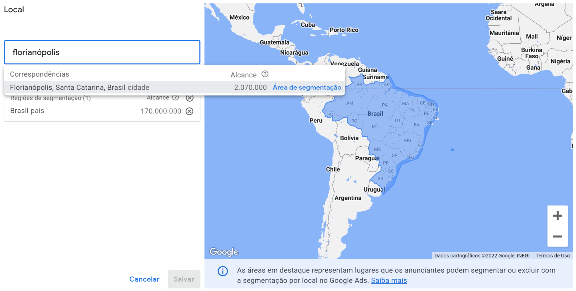 volume de pesquisa de palavras-chave - planejador de palavras-chave do google - escolha de local