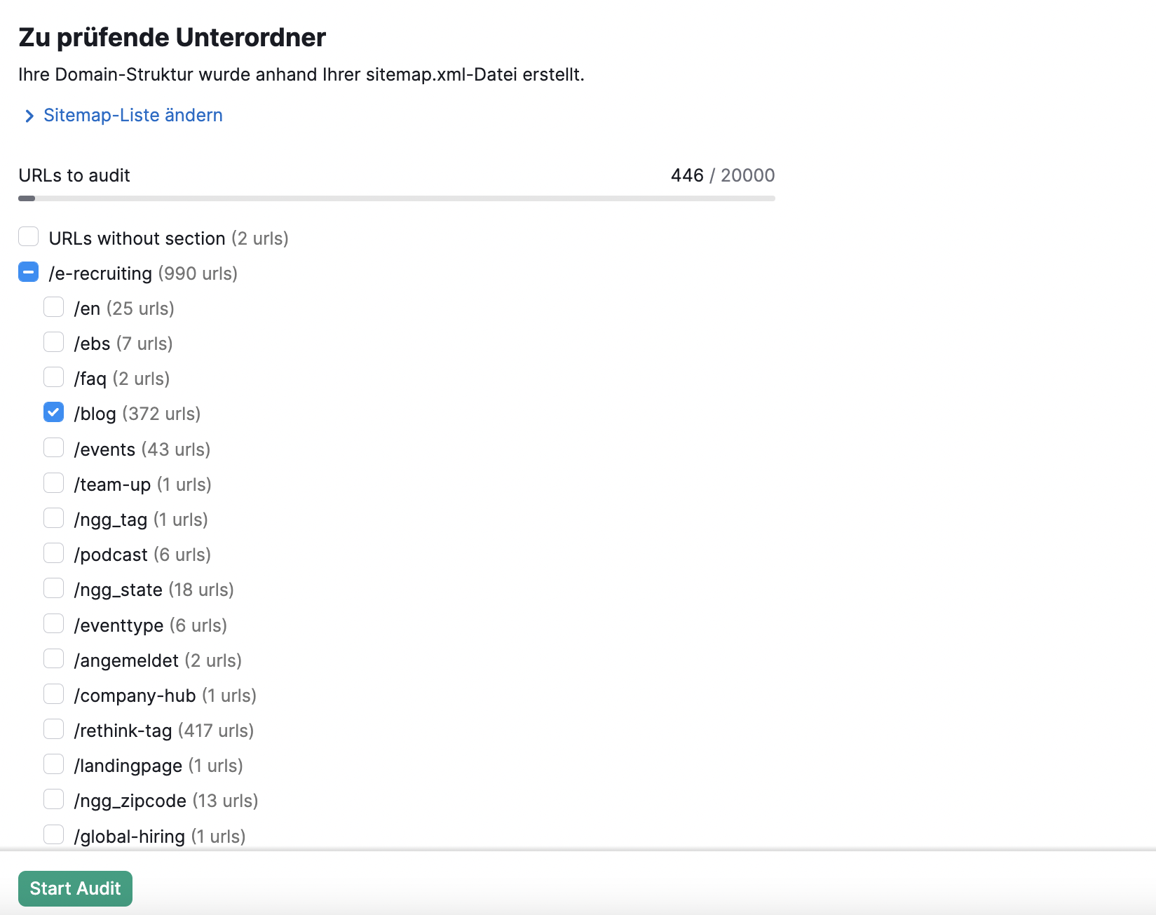 Semrush Content Audit: Teilbereiche auswählen