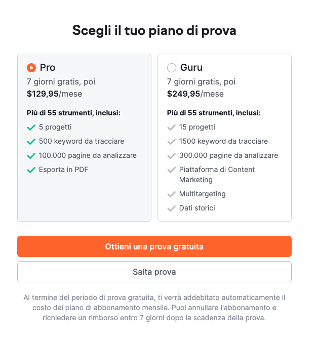 Semrush - Scegli il tuo piano di prova