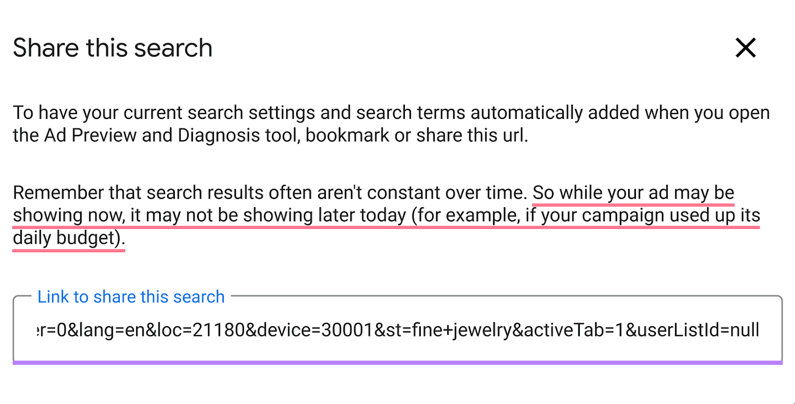 "Ad Preview..." instrumentality   dialog container  explaining hunt  settings and terms, with a nexus  provided beneath  for sharing purposes.