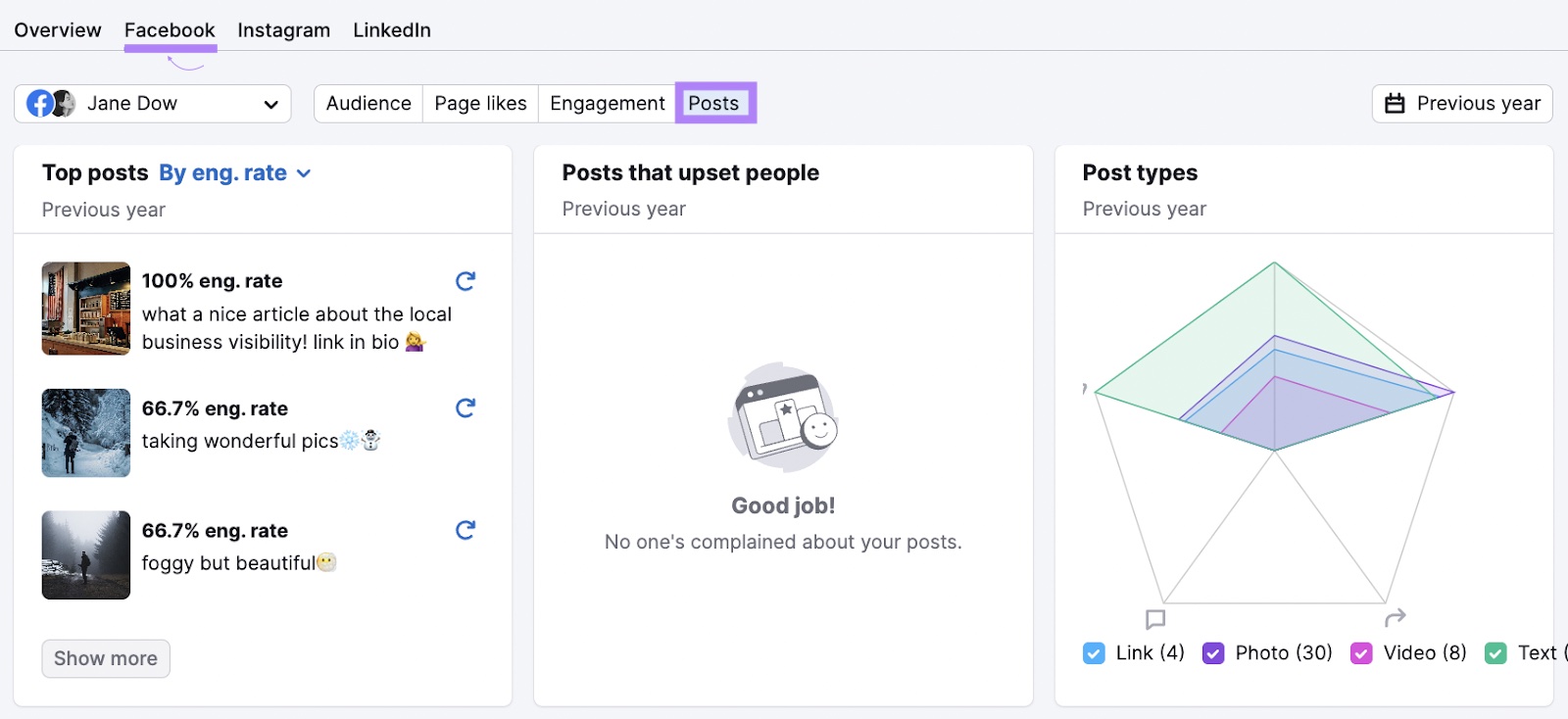 'Posts' tab for Facebook on Social Analytics showing top posts by engagement rate, posts that upset people and post types.